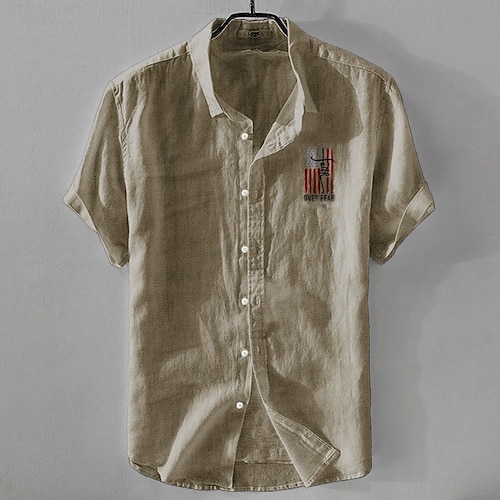  Herren Leinenhemd Freizeithemd Baumwoll-Leinen-Hemd Knopfhemd Flagge Urlaub Straße Weiß Dunkelmarine Himmelblau Khaki Kurzarm Revers Sommer Bekleidung Schnalle