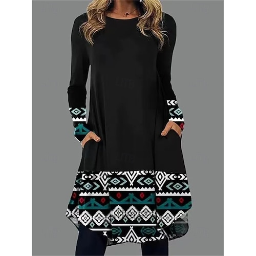  Naisten midimekko, kotelomekko, t-paitamekko, t-paitamekko, a-linjainen mekko, urheilullinen mekko, rento, boheemi, päivittäinen väljä istuvuus, graafinen, geometrinen, kukonaskelkuvio, pitkähihainen,
