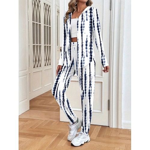  Completo da donna due pezzi, attivo, quotidiano, con felpa e pantaloni, manica lunga, girocollo, con cappuccio, stampa floreale sfumata, con coulisse, casual, nero e bianco, autunno, vestibilità