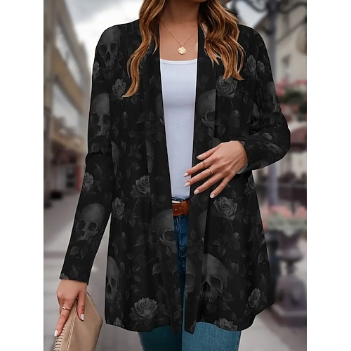  Damen Mantel Leicht Bequem Druck Vintage Künstlerisch Lässig Halloween Schädel Lässig Lang Kragenlos Normale Passform Langarm Oberbekleidung Schwarz Weiß Rote Frühling Herbst