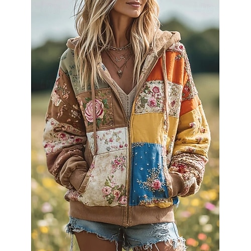  Dámská 3D tisková mikina s kapucí lehká dlouhý rukáv zipová mikina s kapsou mikro-elastická casual květinový grafický design street každodenní nošení patchwork kapsa žlutá růžová podzim