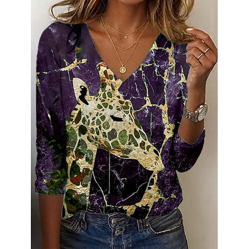  Mujer Sayo Camiseta Leopardo Bloque de color Jirafa Vintage Elegante Casual Manga Larga Escote en Pico Tops regulares Diario Deportes Fin de semana Estampado Amarillo Azul Piscina Morado Verde Trébol