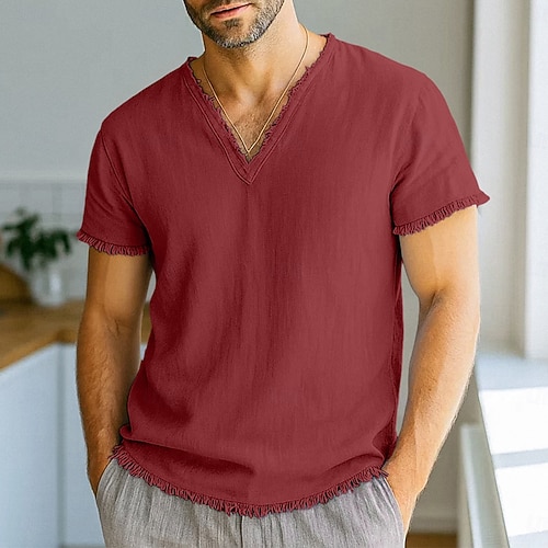  Homme T-shirt T-shirt en lin Manches courtes Col en V Été Printemps Couleur Unie Uni Mode Designer Basique Flexible Vacances Occasionnel Décontracté Quotidien Blanche Rose Claire Rouge Bordeaux