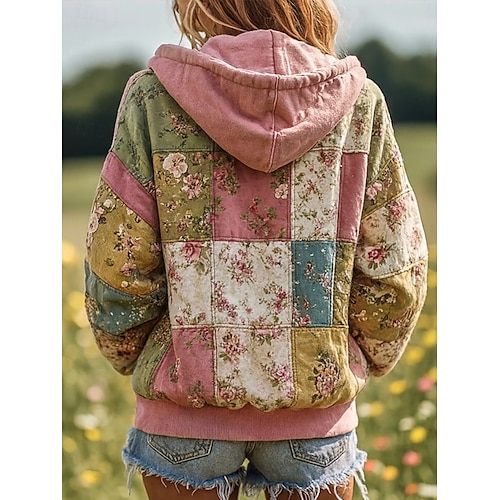  Kvinners 3D Print Hetter Sweatshirt Jakke Langermet Zip Up Hetter Med Lomme Lett Kledelig Mikrodeformbar Zip Up Hetter Blomster Grafisk Gate Hverdagsklær Patchwork Lomme Gul Rosa Høst
