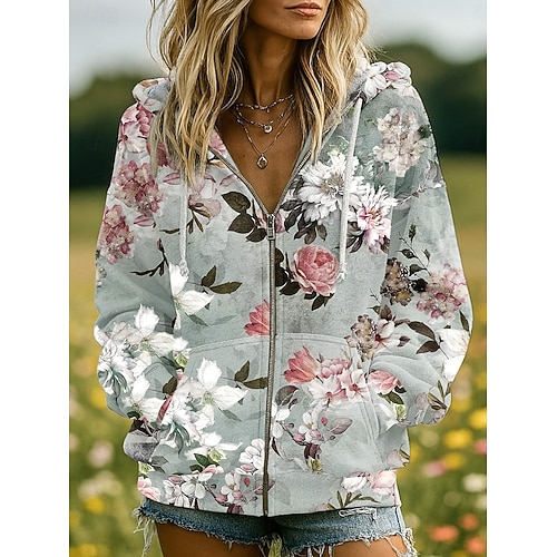  Felpe con Cappuccio 3D Donna Stampate con Grafica Floreale Moda Casual Boho Maniche Lunghe Cappuccio Top Regolari Abbigliamento Stradale Quotidiano Patchwork Tasca con Cerniera Rosa Rosso Blu