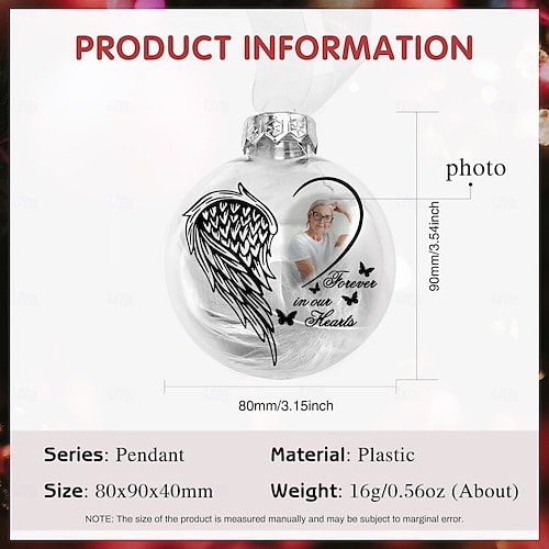  Enfeite de pena de Natal personalizado com foto, enfeite de bola 3D personalizado, presentes de condolências pela perda de entes queridos, decoração de feriado memorial de lembrança de árvore de Natal personalizada