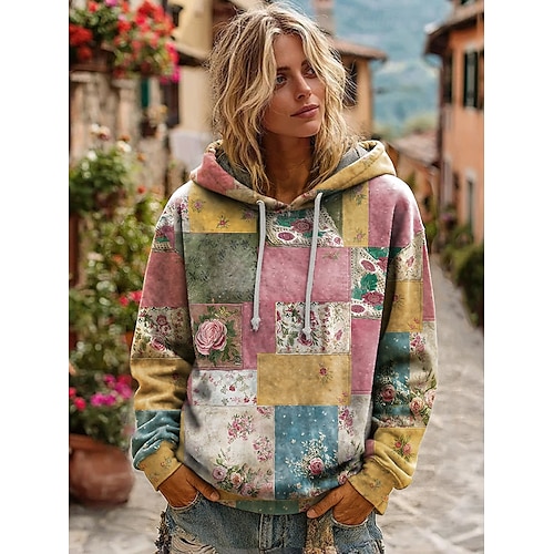  Damen 3D-Print Hoodie Pullover Sweatshirt Oversized Langarm Lässig Grafik Floral Warm Aktiv Kapuze Reguläre Tops Street Dailywear Patchwork Schwarz Weiß Gelb Dunkel Pink Frühling Herbst Winter