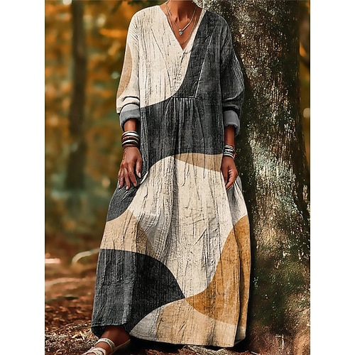  Femmes Robe maxi Robe d'Été Robe trapèze Vacances Occasionnel Boho Soirée Fête Plage Coupe Ample Graphique Géométrique Abstrait manche longue Col en V Marron Sapin Rouge Foncé Rouge Marron clair