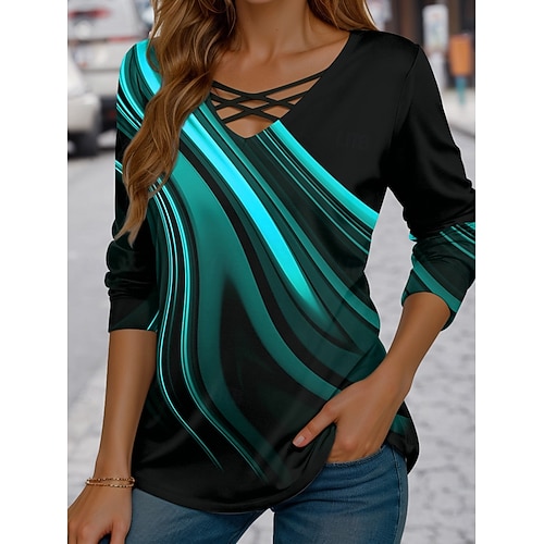  Naisten T-paita Kuvitettu Geometrinen Vintage Tyylikäs Vapaa-aika Pitkähihainen V kaula-aukko Tavalliset topit Päivittäin Katkaistu Painettu Sininen Rubiini Laivastosininen Purppura Apila Kevät Syksy