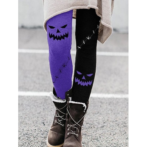  Dam Byxor Damasker Mysiga leggings Streetwear Ledigt Fullängd Hög midjaPantsHalloween Pumpa Elastisk midja Mönster Mateial som andas Bekväm Elastisk Semester Gata Dagliga kläder Vit Purpur Orange