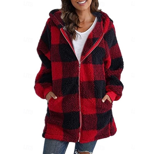  Dam Fleece-jacka Vardaglig jacka Hoodiejacka Bekväm Andningsfunktion Dragkedja Ficka Mönster Ledigt Rutig Semester Gata Ledigt Dagliga kläder Dragkedja Lång Huva Lös passning Långärmad Ytterkläder