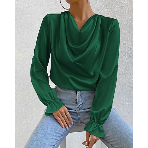  Per donna Camicia Camicia in raso Semplice Elegante Casual Manica Lunga Scollo a Cascata Top Regolari Quotidiano Uscire Drappeggiato Nero Rosa Verde Albicocca Primavera Autunno