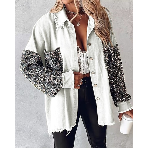  Women's Casual Jacket Comfortable Breathable Pocket Buttons Casual Color Block Vacation Street Casual Daily Wear Single Breasted Short Turndown Loose Fit Long Sleeve Outerwear White Spring Fall