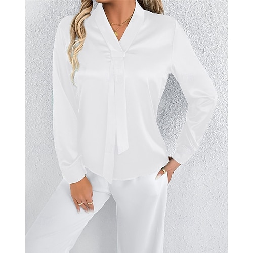  Per donna Camicia Camicia in raso Tinta unica Elegante Casual Manica Lunga Scollo a V Top Regolari Quotidiano Uscire Nodo frontale Nero Bianco Primavera Autunno