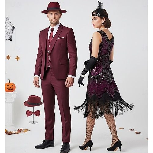  Retro Řvoucí 20s 20. léta 20. století Polední Bubenové šaty Fancy kostým Halloween skupinové kostýmy pro páry Velký Gatsby Flitry Třásně Maškarní kostým Pánské Dámské předvečer Všech svatých Karneval