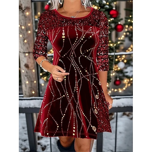  Vestido Mini de Terciopelo para Mujeres Vestido en A Casual Diario Vacaciones Ajuste Regular Gráfico Manga Larga Cuello Redondo Rojo Dorado Verde Otoño Invierno