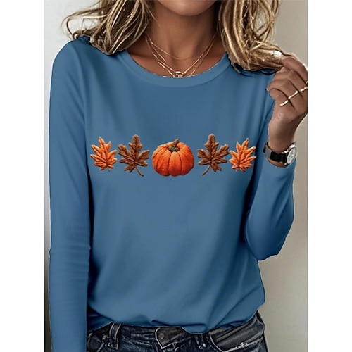  Femmes T-shirt Graphique Plantes ancien Élégant Classique manche longue Col ras du cou Col rond Hauts Réguliers Quotidien Imprimé Noir Bleu Orange Gris foncé Gris Printemps Automne Hiver