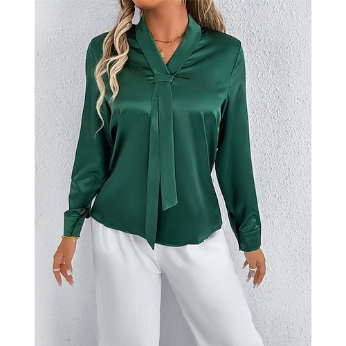  Per donna Camicia Camicia in raso Tinta unica Elegante Casual Manica Lunga Scollo a V Top Regolari Quotidiano Uscire Nodo frontale Verde Grigio chiaro Primavera Autunno