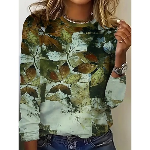  Femmes T-shirt Graphique Plantes ancien Élégant Classique manche longue Col ras du cou Col rond Hauts Réguliers Quotidien Imprimé Orange Vert Blanc Ecru Printemps Automne Hiver