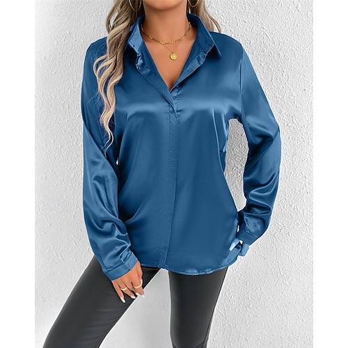  Per donna Camicia Camicia in raso Tinta unica Elegante Essenziale Casual Manica Lunga Colletto a Camicia Top Regolari Quotidiano Uscire Bottoni Rosso Blu marino Blu Reale Primavera Autunno
