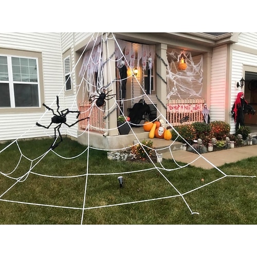  Halloween Spider Web 22.9 X 18 Ft Triangle Web with Gutter Hook Set White Halloween Spider Web with Gutter Hook Set Easy to Decor Outdoor Yard
