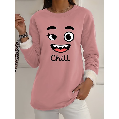  felpa da donna con stampa grafica, calda, casual, pelosa, manica lunga, girocollo, normale, casual da strada, giallo, rosa, rosa scuro, blu, grigio, primavera, autunno, inverno