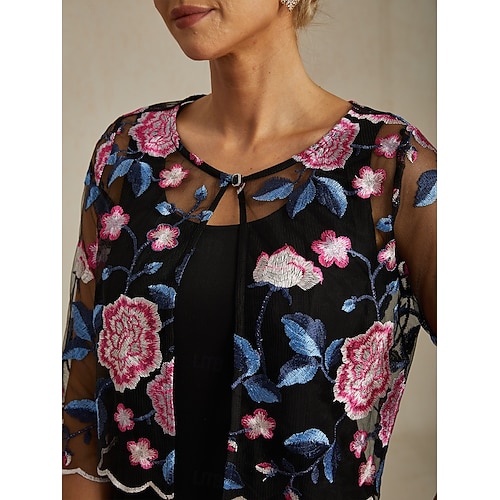  Dam Kavaj Lättvikt Spets Broderad Elegant Blommig Formell Kort Rund halsringning Normal 3/4 ärm Ytterkläder Fuchsia Sommar Vår