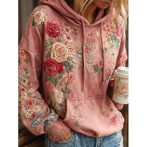  Dámská 3D potisk vintage boho mikina patchwork s kapucí květinový vikingský pulovr mikina květinová grafika vintage casual dlouhý rukáv s kapucí městská potisk přední kapsa zelená jaro podzim zima