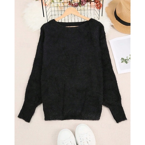  Naisten Neulos Pusero Katutyyli Vapaa-aika Puhdas väri Joustin Tiukka pyöreä kaula-aukko Kudottu Pitkähihainen Tavalliset topit Neuloa ulko- Päivittäin Viikonloppu Musta Syksy Talvi