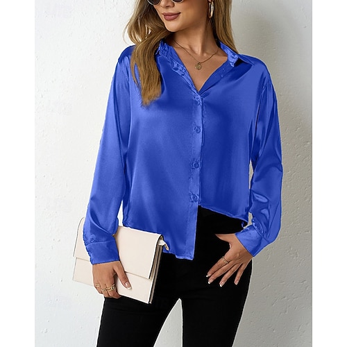  Per donna Camicia Camicia in raso Tinta unica Elegante Casual Manica Lunga Colletto a Camicia Top Regolari Quotidiano Uscire Bottoni Vino Blu Reale Viola Arancione Verde Primavera Autunno