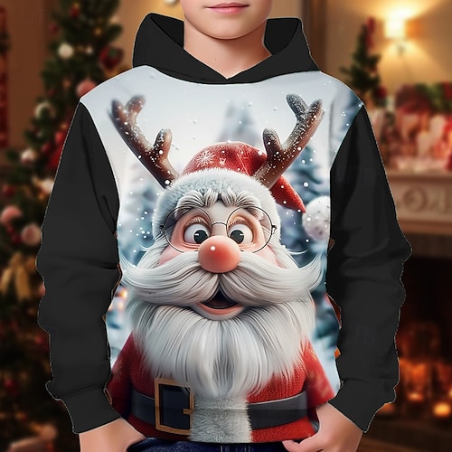  Natale Ragazzi 3D Grafico Babbo Natale Felpa con Cappuccio Manica Lunga Primavera Autunno Moda Streetwear Bambini 4-12 Anni Con cappuccio All'aperto Casuale Quotidiano Vestibilità regolare