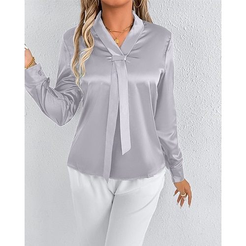  Per donna Camicia Camicia in raso Tinta unica Elegante Casual Manica Lunga Scollo a V Top Regolari Quotidiano Uscire Nodo frontale Verde Grigio chiaro Primavera Autunno