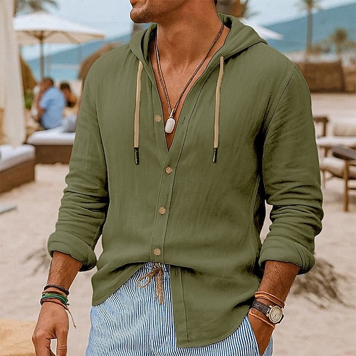  Per uomo Camicia Camicia di lino Abbigliamento da spiaggia Camicia con Bottoni Camicia con cappuccio Semplice Vacanza Casuale Nero Bianco Blu Verde Manica Lunga Con Cappuccio Estate Primavera & Estate