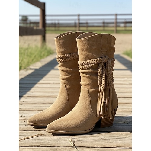 Bottes Daim Marron à Pompons Et Franges — Détails Clous Dorés — Pointure 38 — Style Western
