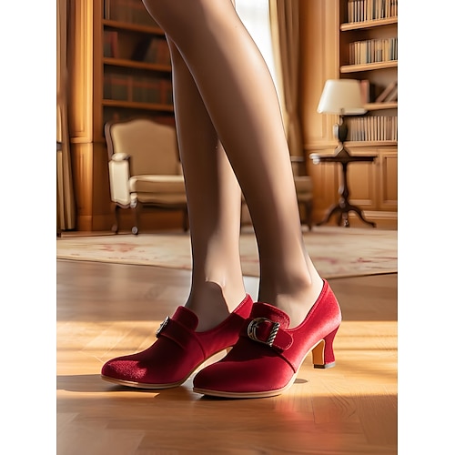  Women's 1920s Edwardian Burgundy Velvet Buckle Loafers Low Heel Vintage Shoes – Retro Elegant Dress Footwear for Ladies Formal , Evening Occasions and Gatsby Party