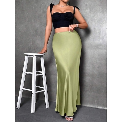  Femmes Jupe Moulant Élégant Mode Maxi Taille haute Jupes Uni Non Elastique Soirée Rue Argent Rose Claire bleu marine Bleu Printemps Satin Polyester
