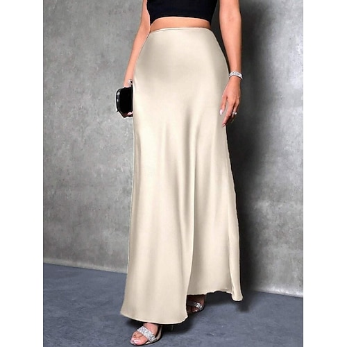  Femmes Jupe Moulant Élégant Mode Maxi Taille haute Jupes Uni Micro-Élastique Soirée Rue Noir Fuchsia Vert Kaki Printemps Satin Polyester