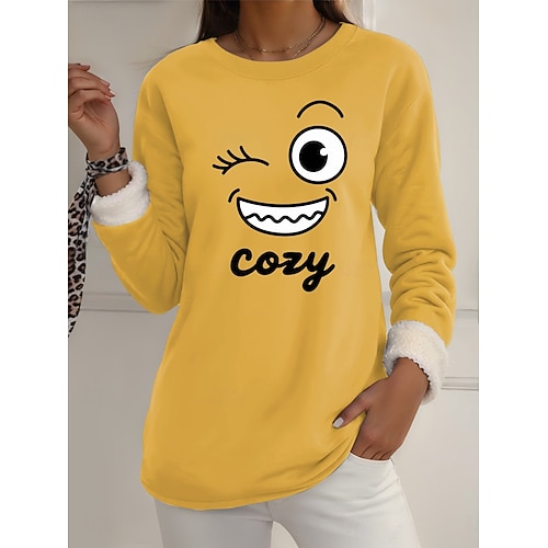  Pull-over pour femme, sweat-shirt graphique, chaud, décontracté, duveteux, manches longues, col rond, régulier, streetwear, décontracté, jaune, rose, rose foncé, bleu, gris, printemps, automne, hiver
