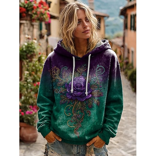  Γυναικείο 3D Εκτύπωση Vintage Boho Φόρεμα Patchwork Φόρεμα Φούτερ Floral Pullover Φούτερ Elegant Ζεστό Active Με Κουκούλα Καθημερινά Ρούχα Patchwork Εκτύπωση Ανοιχτό Μωβ Καφέ Πράσινο Άνοιξη Φθινόπωρο