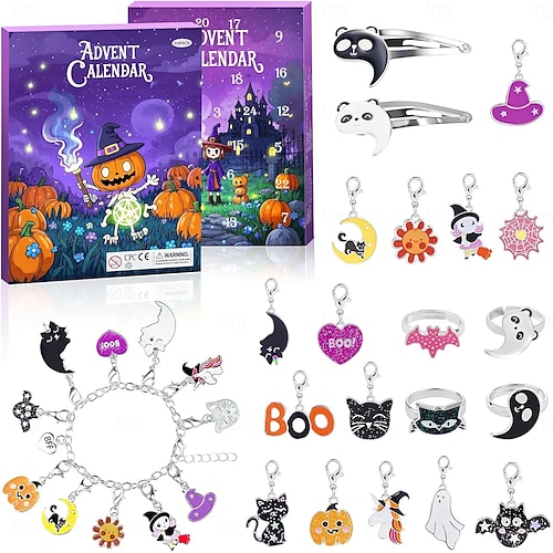  Halloween Advent Calendar 2025 for Girls and Boys With 24 Days Unique Gift Countdown Calendar Spooky Castle Design Blind Box DIY Creative Charm Pendant Bracelet