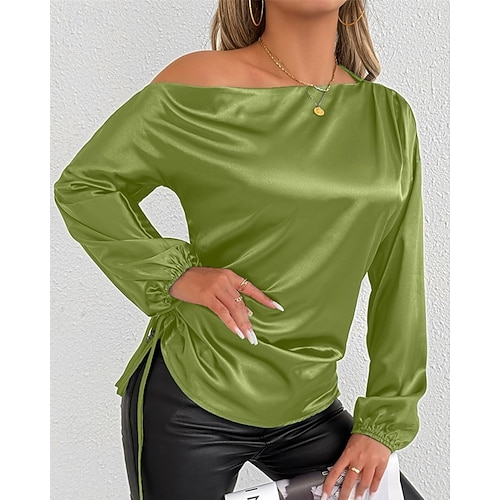  Dames Overhemd Satijnen overhemd Effen Stijlvol Casual Lange mouw koude schouder Normale tops Dagelijks Uitgaan Asymmetrisch Zwart Groen Lente Herfst