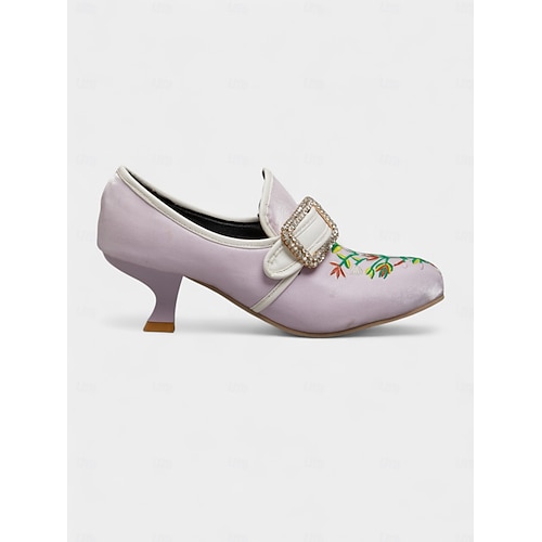  Women's Black Vintage Embroidered Kitten Heel Shoes with Rhinestone Buckle – Elegant Floral Court Pumps for Retro Outfits, Costume Shoes and Gatsby Parties