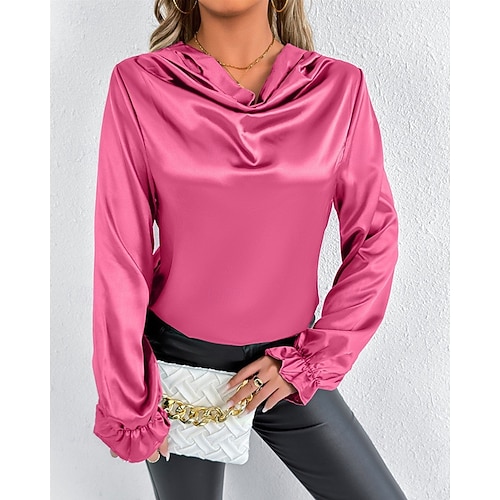  Per donna Camicia Camicia in raso Tinta unica Elegante Casual Manica Lunga Scollo a Cascata Top Regolari Quotidiano Uscire Drappeggiato Nero Rosa Verde Albicocca Primavera Autunno