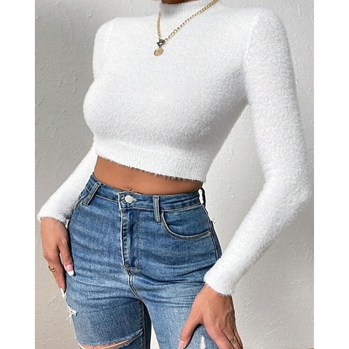  Femmes Pull Mode Occasionnel Couleur Unie Côtelé Col montant Tricoté manche longue Hauts Réguliers Tricoter Extérieur Quotidien Week-end Noir Blanche Automne Hiver