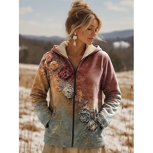  Per donna Felpa con cappuccio Floreale Casual Manica Lunga Con Cappuccio Top Regolari Casuale Sportivo Tasca Verde chiaro Rosa Cachi Autunno Inverno