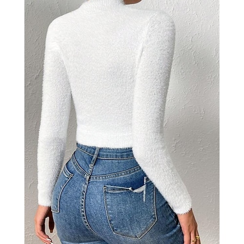 Femmes Pull Mode Occasionnel Couleur Unie Côtelé Col montant Tricoté manche longue Hauts Réguliers Tricoter Extérieur Quotidien Week-end Noir Blanche Automne Hiver