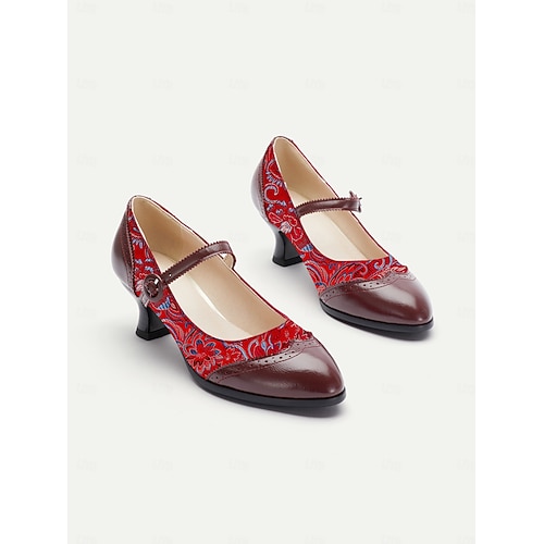  Escarpins Mary Jane en jacquard rouge vintage des années 1950 pour femmes - Chaussures habillées rétro à talon moyen avec motif de brocart floral et bride boutonnée pour les soirées Gatsby, les
