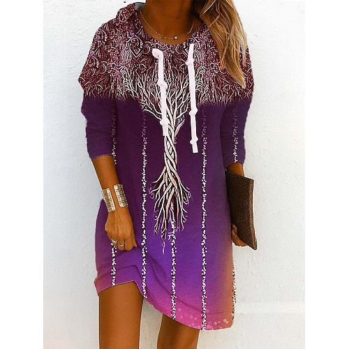  Damen Minikleid Etui-Kleid Shiftkleid Party Lässig Boho Outdoor Heim Sport Normale Passform Blumen Grafik Abstrakt Langarm Mit Kapuze Blau Purpur Grün Grau Frühling Herbst Winter