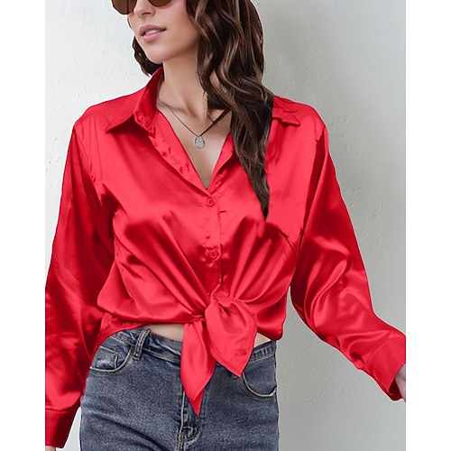  Per donna Camicia Camicia in raso Semplice Elegante Casual Manica Lunga Colletto a Camicia Top Regolari Quotidiano Uscire Bottoni Nero Rosa Vino Rosso Blu marino Primavera Autunno