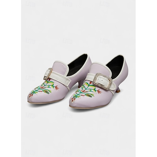  Women's Black Vintage Embroidered Kitten Heel Shoes with Rhinestone Buckle – Elegant Floral Court Pumps for Retro Outfits, Costume Shoes and Gatsby Parties
